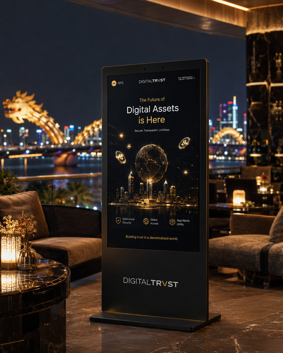 Digital Trvst kiosk — gold screen, Da Nang dragon bridge skyline behind
